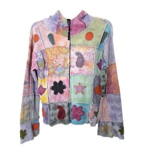 Y2K Vintage Ark Brand Pastel Patchwork‎ Cotton Hoodie Small Hippie Boho Festival